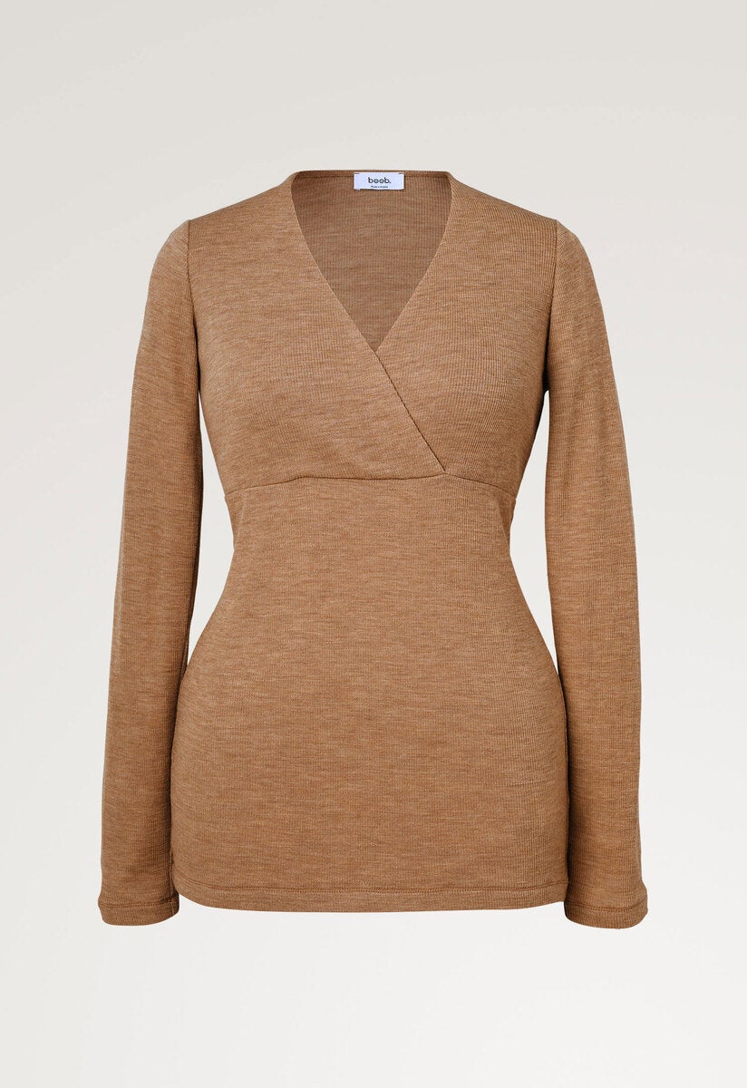 Ribbad topp i merinoull - Brown Melange