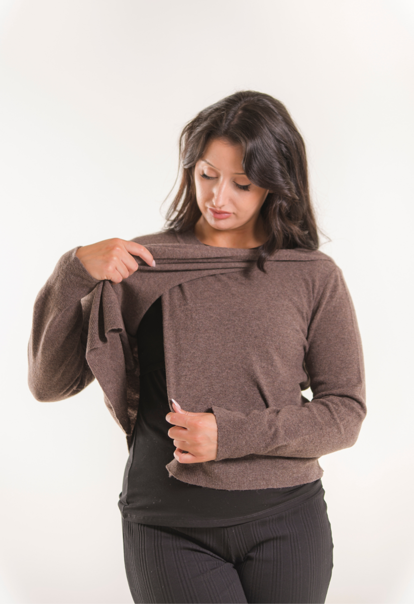 Stickad amningströja i ull - Brown Grey Melange