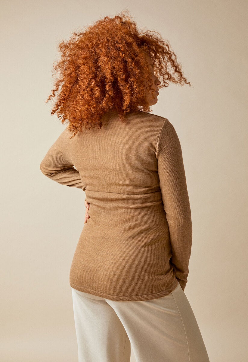 Ribbad topp i merinoull - Brown Melange