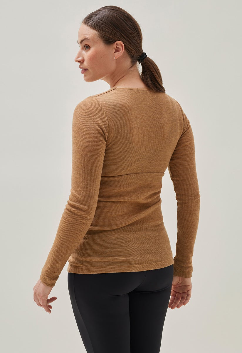 Ribbad topp i merinoull - Brown Melange